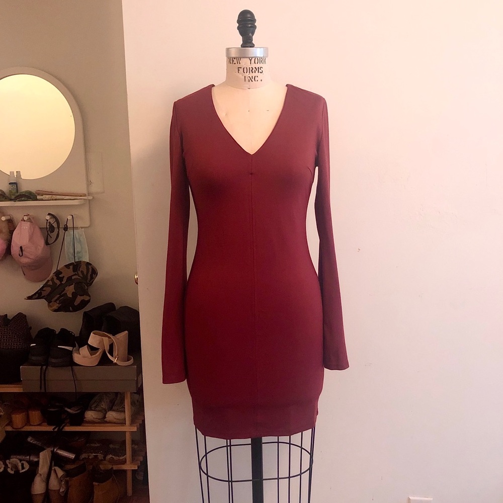 Bell Sleeve Fitted Burgundy Dress